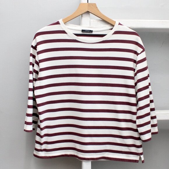 Parfois White Burgundy Womens Striped 3/4 Sleeve Cotton T-Shirt Top Size Medium - Picture 1 of 4